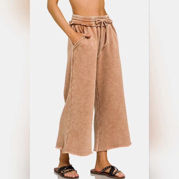 Zenana Acid Wash Fleece Wide Leg Pants - Picture 2 of 3